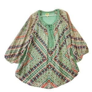Fig & Flower XL Boho Peasant Blouse Mint Floral Lace Back Tie Neck‎ Tunic